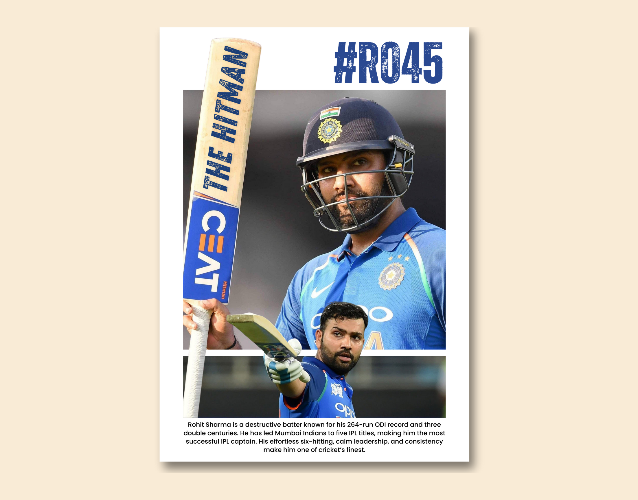 "THE HITMAN:Rohit Sharma #45"- Shiny & Sturdy Metallic Poster  Art That Pops & Sticks