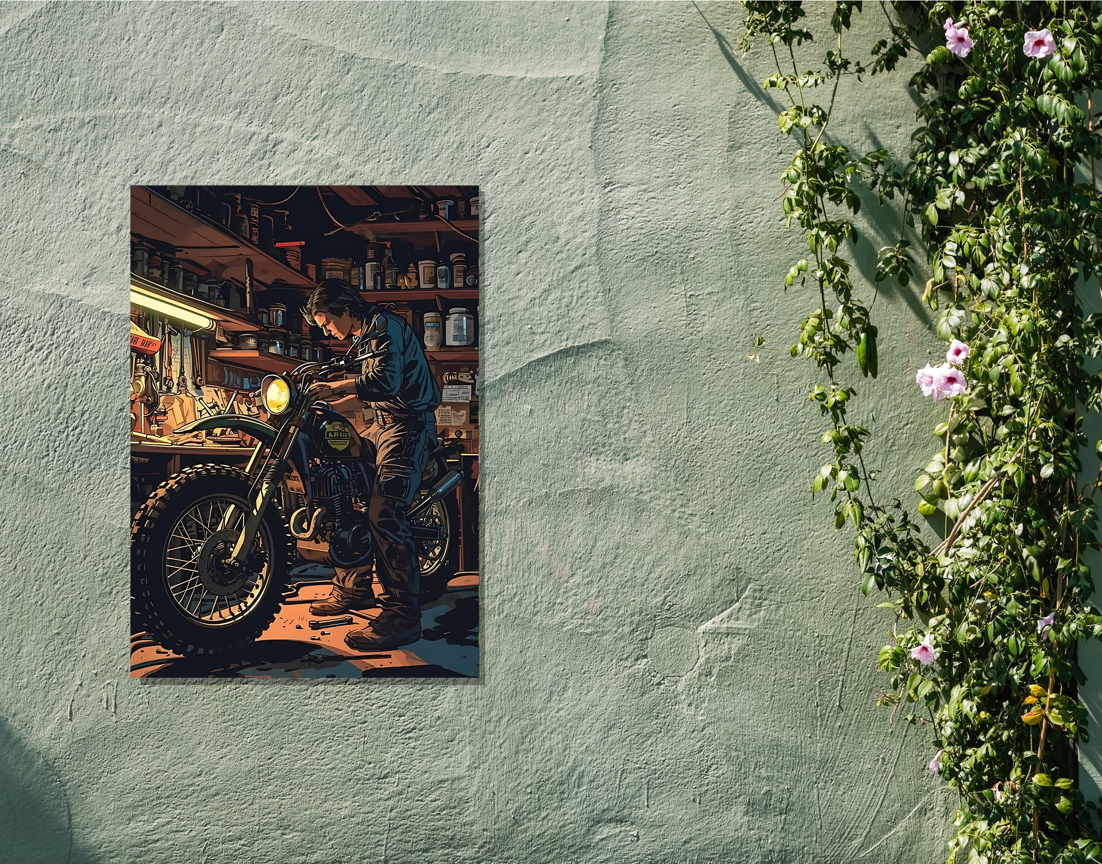 "Bike Lover- Garage Time"- Shiny & Sturdy Metallic Poster  Art That Pops & Sticks