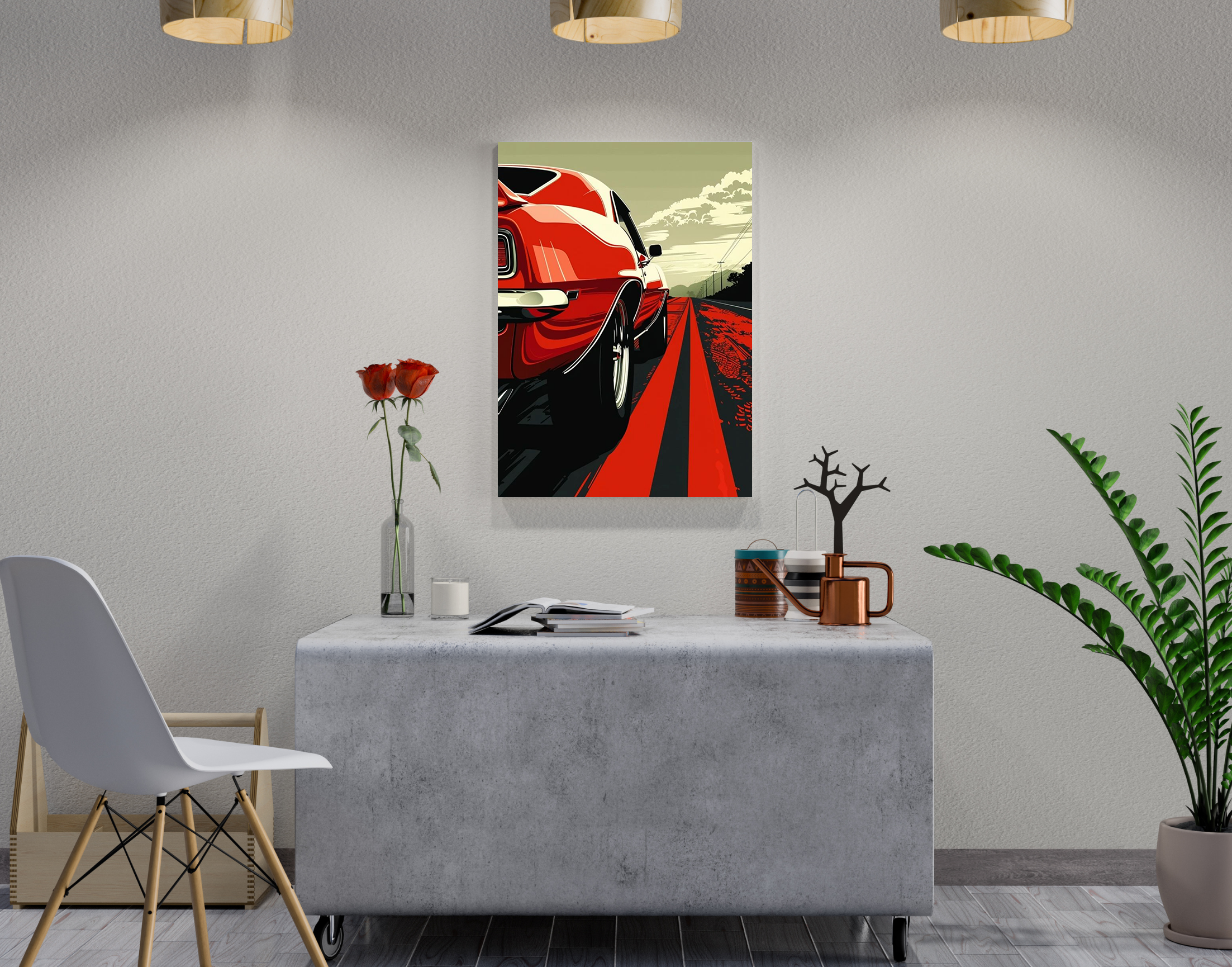 "Red Car on Highway"- Shiny & Sturdy Metallic Poster  Art That Pops & Sticks