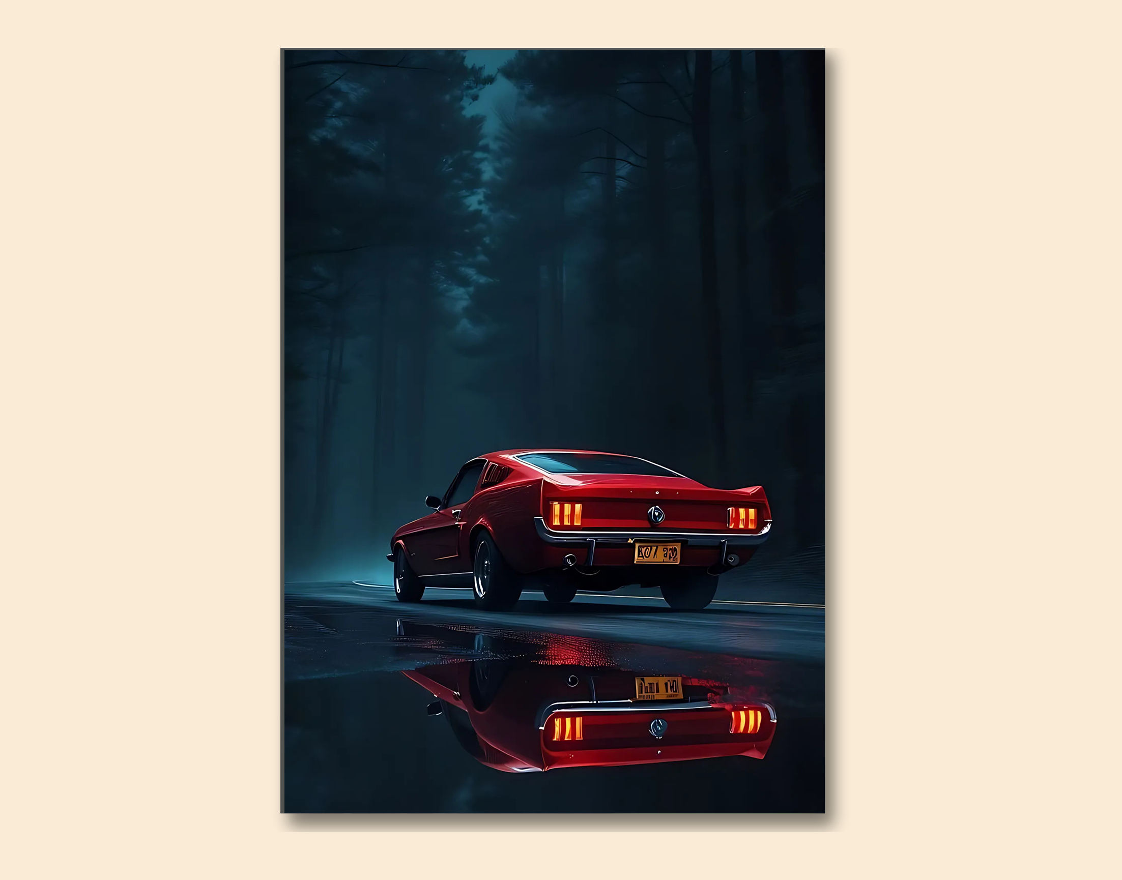 "Classic Mustang- Night Drive"- Shiny & Sturdy Metallic Poster  Art That Pops & Sticks