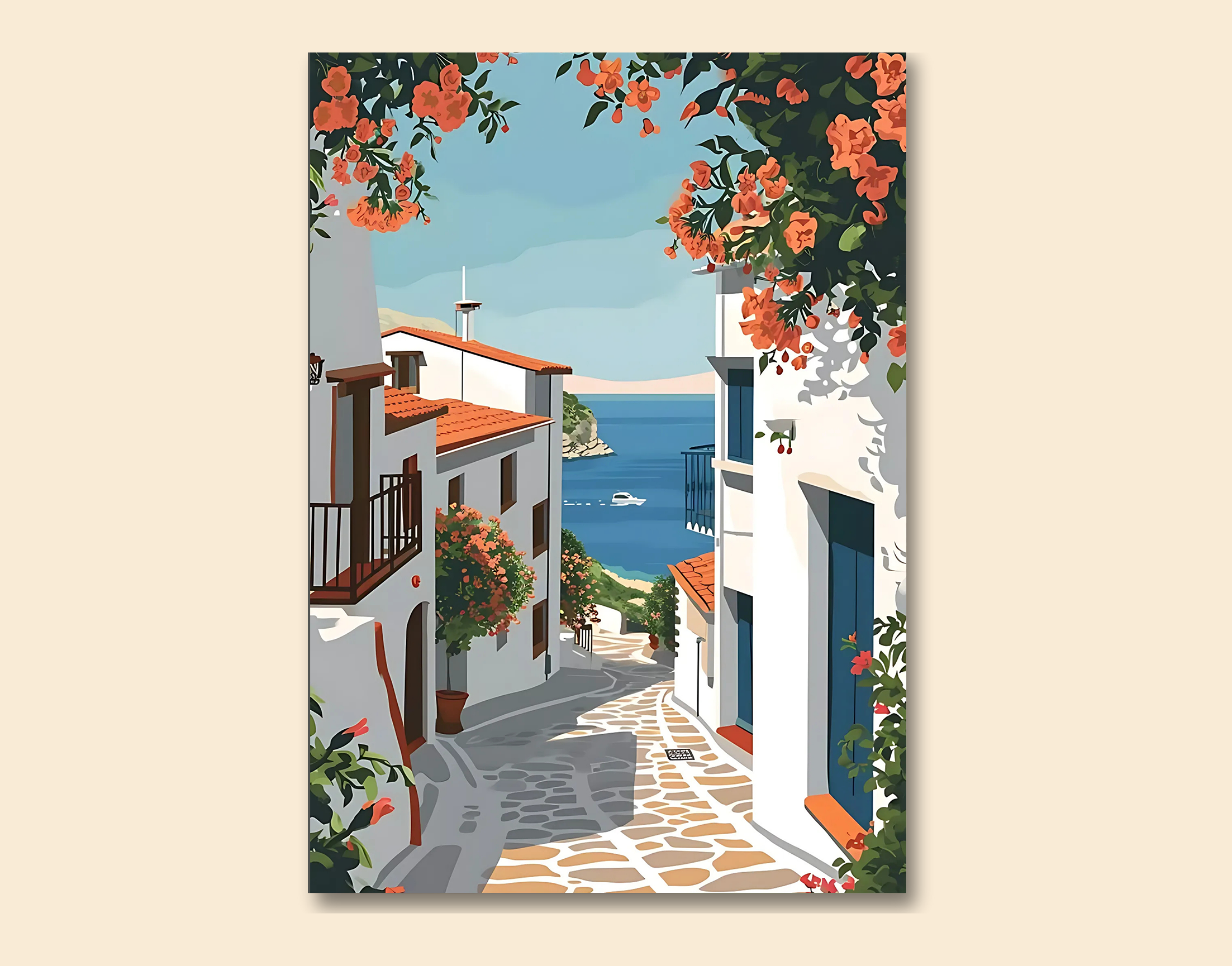 "Oia: Greece Street"- Shiny & Sturdy Metallic Poster  Art That Pops & Sticks