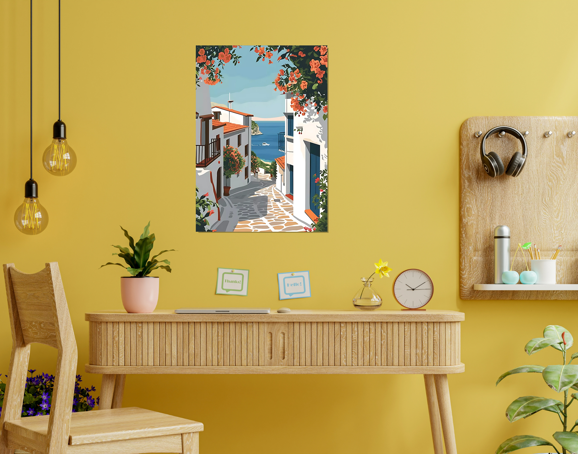 "Oia: Greece Street"- Shiny & Sturdy Metallic Poster  Art That Pops & Sticks