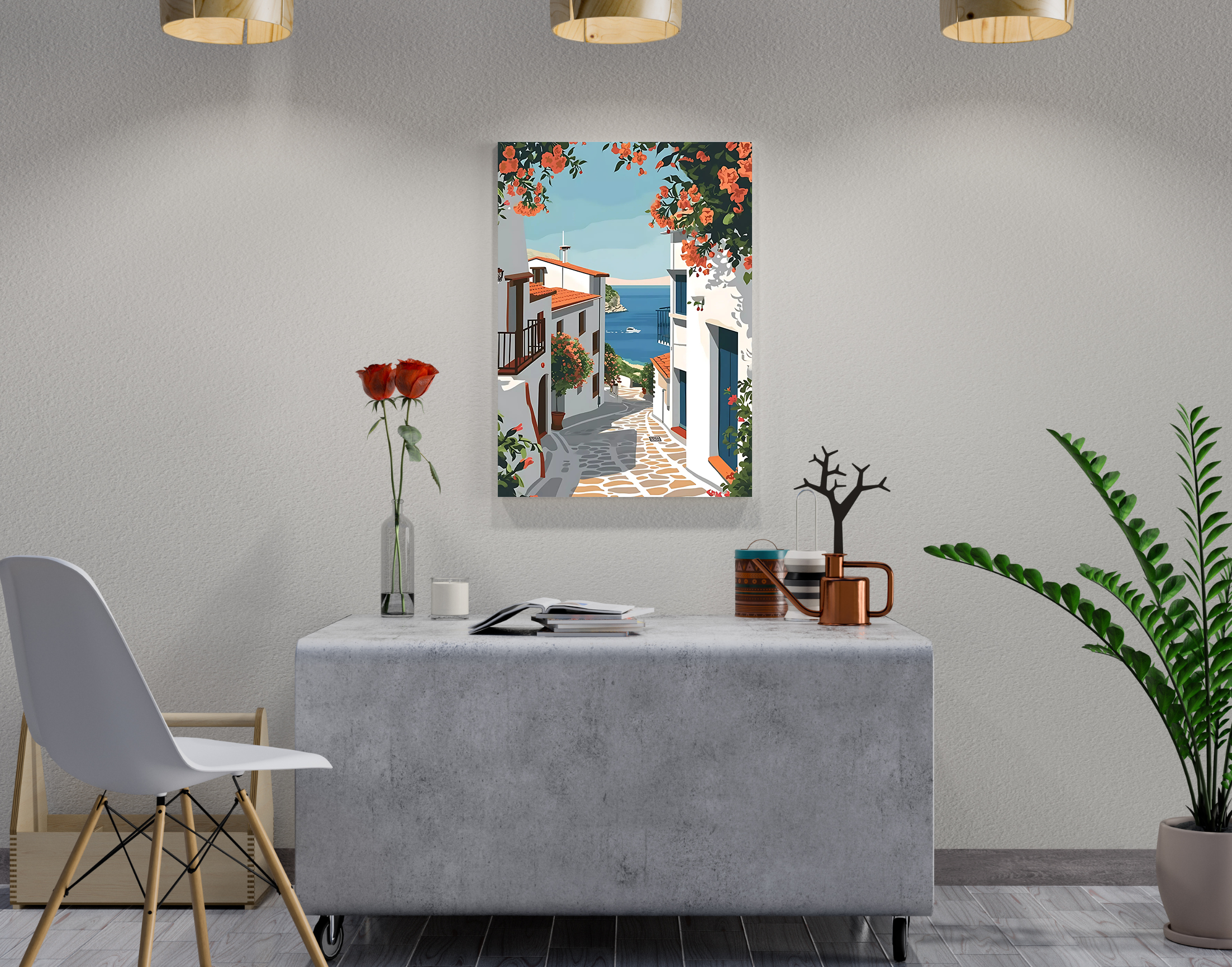 "Oia: Greece Street"- Shiny & Sturdy Metallic Poster  Art That Pops & Sticks