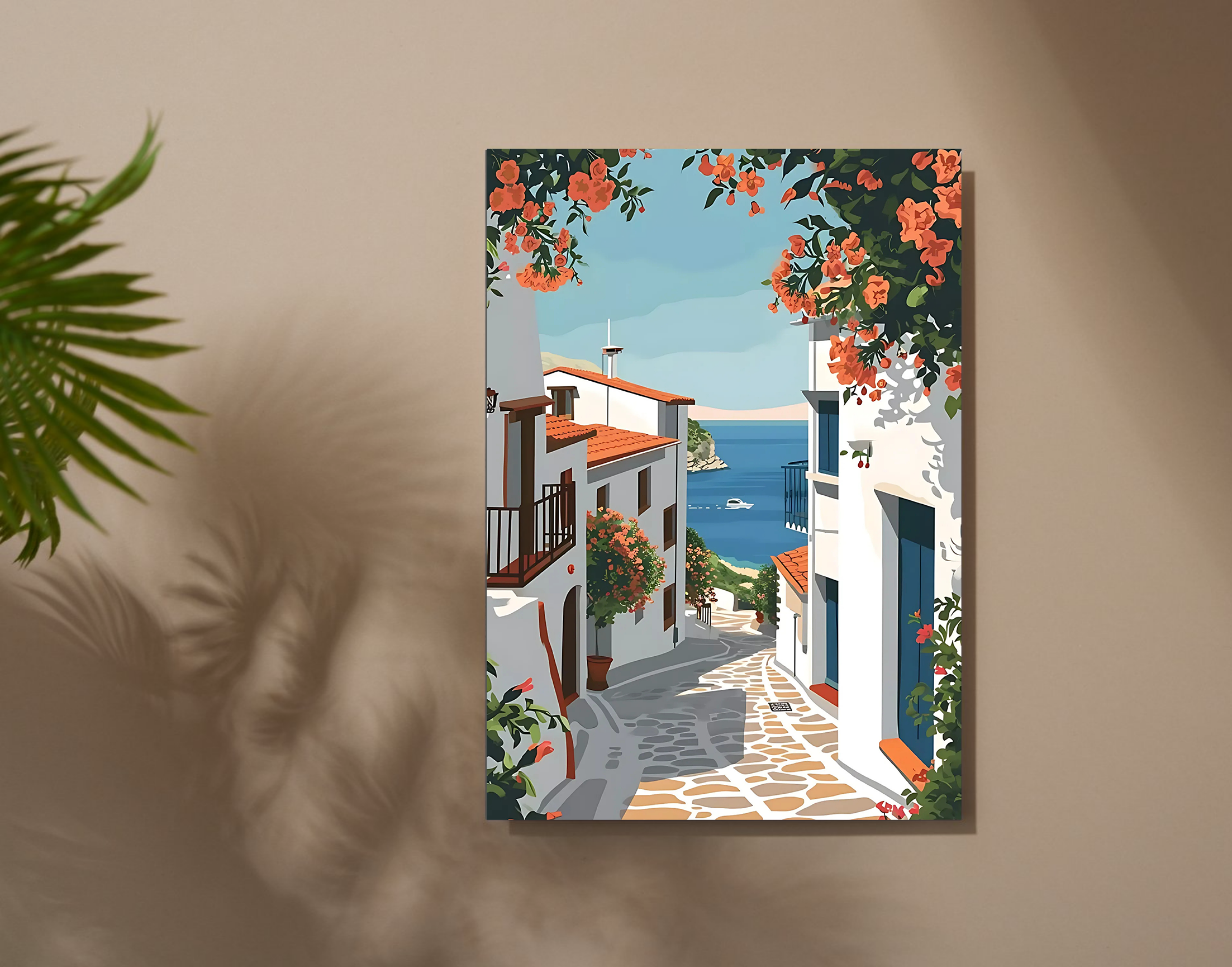 "Oia: Greece Street"- Shiny & Sturdy Metallic Poster  Art That Pops & Sticks