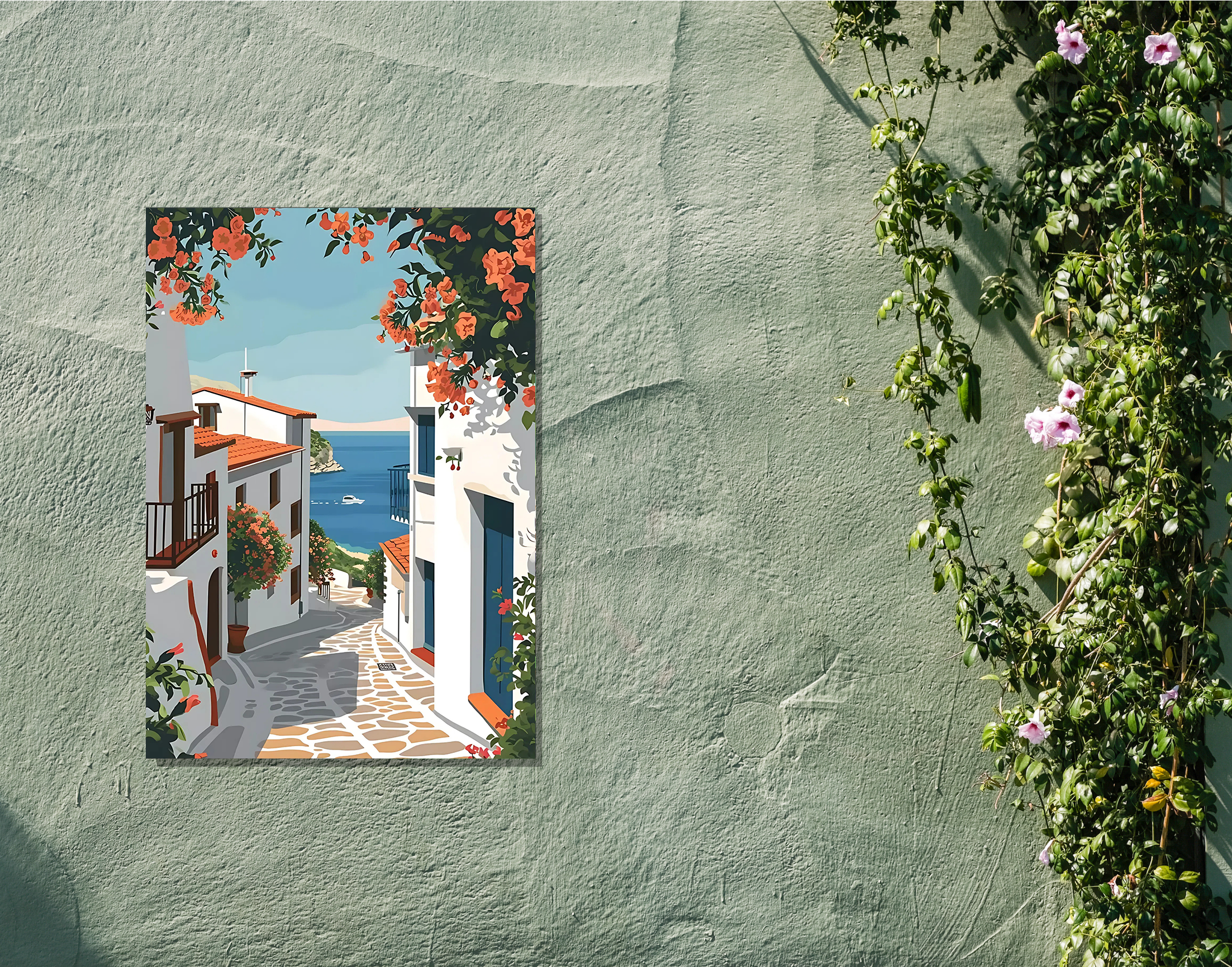 "Oia: Greece Street"- Shiny & Sturdy Metallic Poster  Art That Pops & Sticks