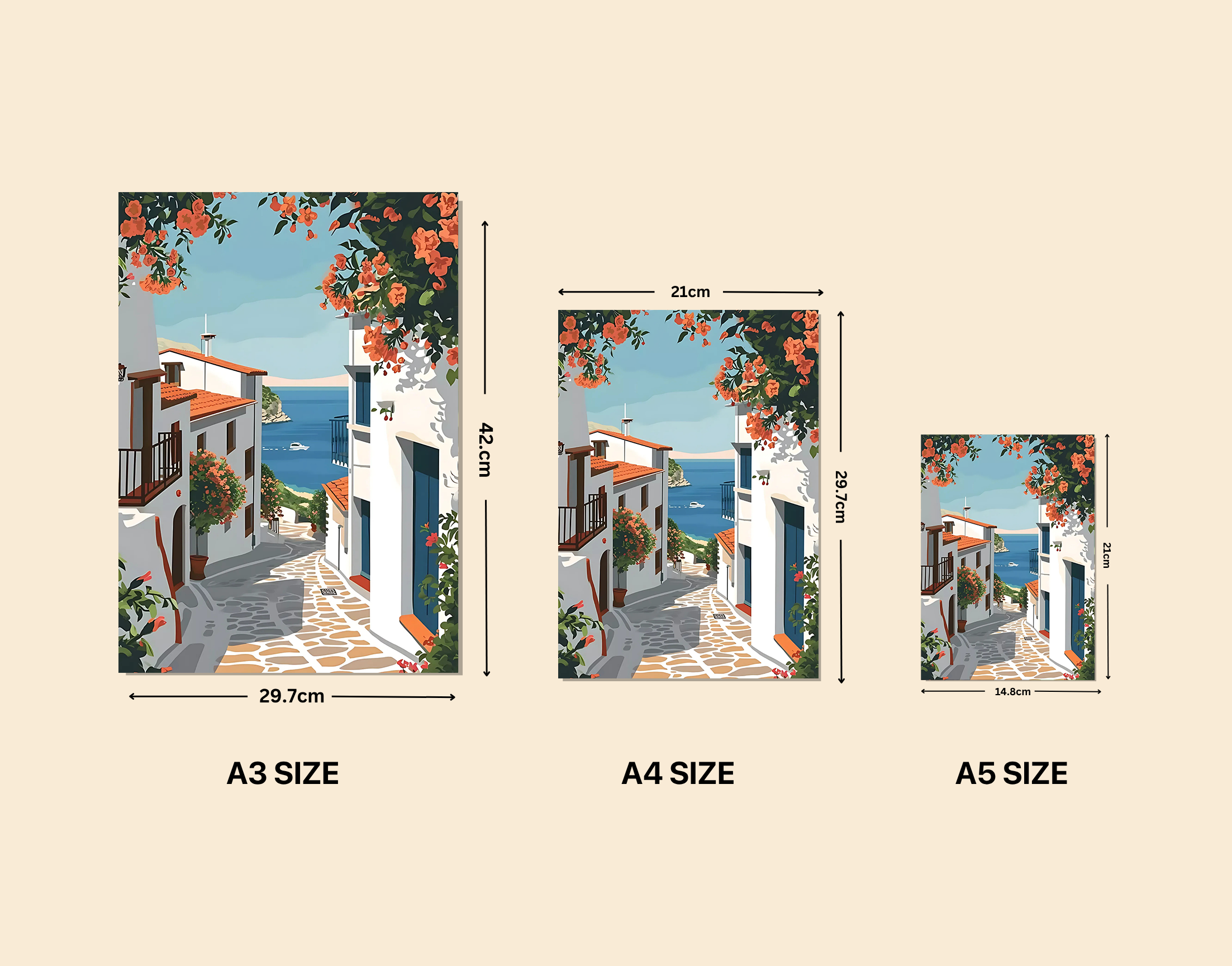 "Oia: Greece Street"- Shiny & Sturdy Metallic Poster  Art That Pops & Sticks