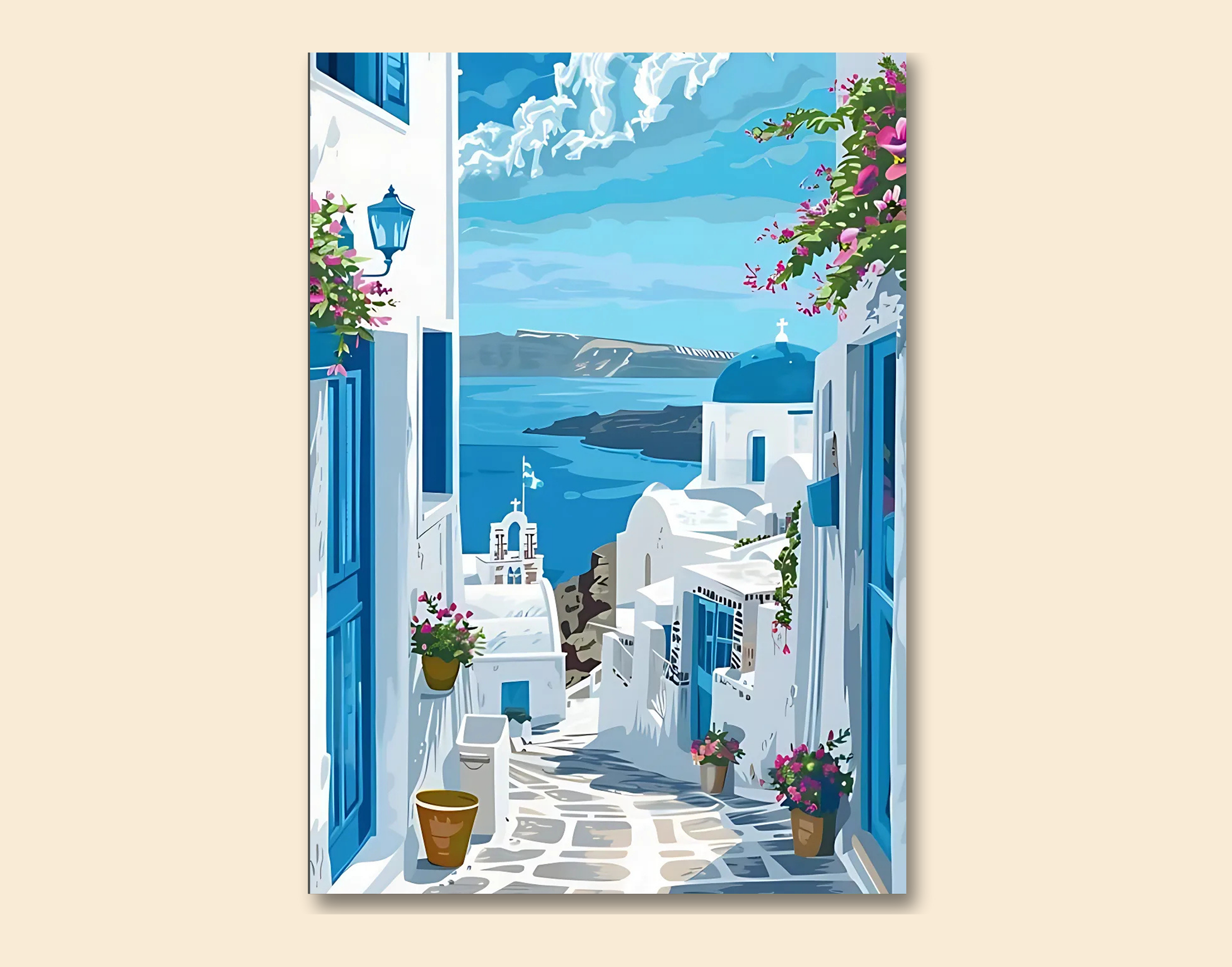 "Oia: Greece Blue Theme Street"- Shiny & Sturdy Metallic Poster  Art That Pops & Sticks