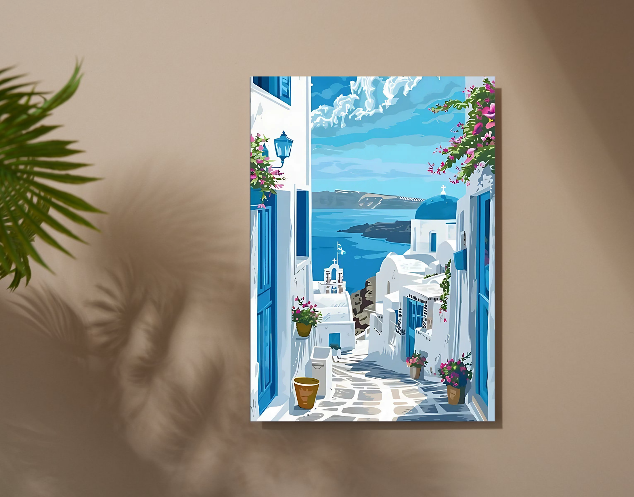 "Oia: Greece Blue Theme Street"- Shiny & Sturdy Metallic Poster  Art That Pops & Sticks