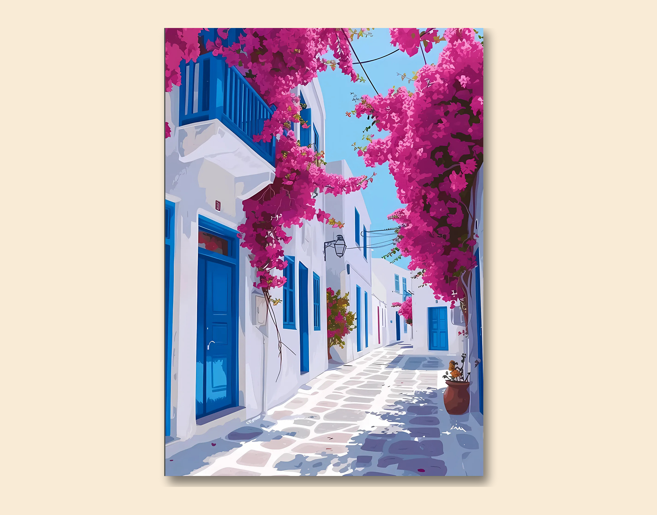 "Oia: Greece Bloom Theme Street"- Shiny & Sturdy Metallic Poster  Art That Pops & Sticks