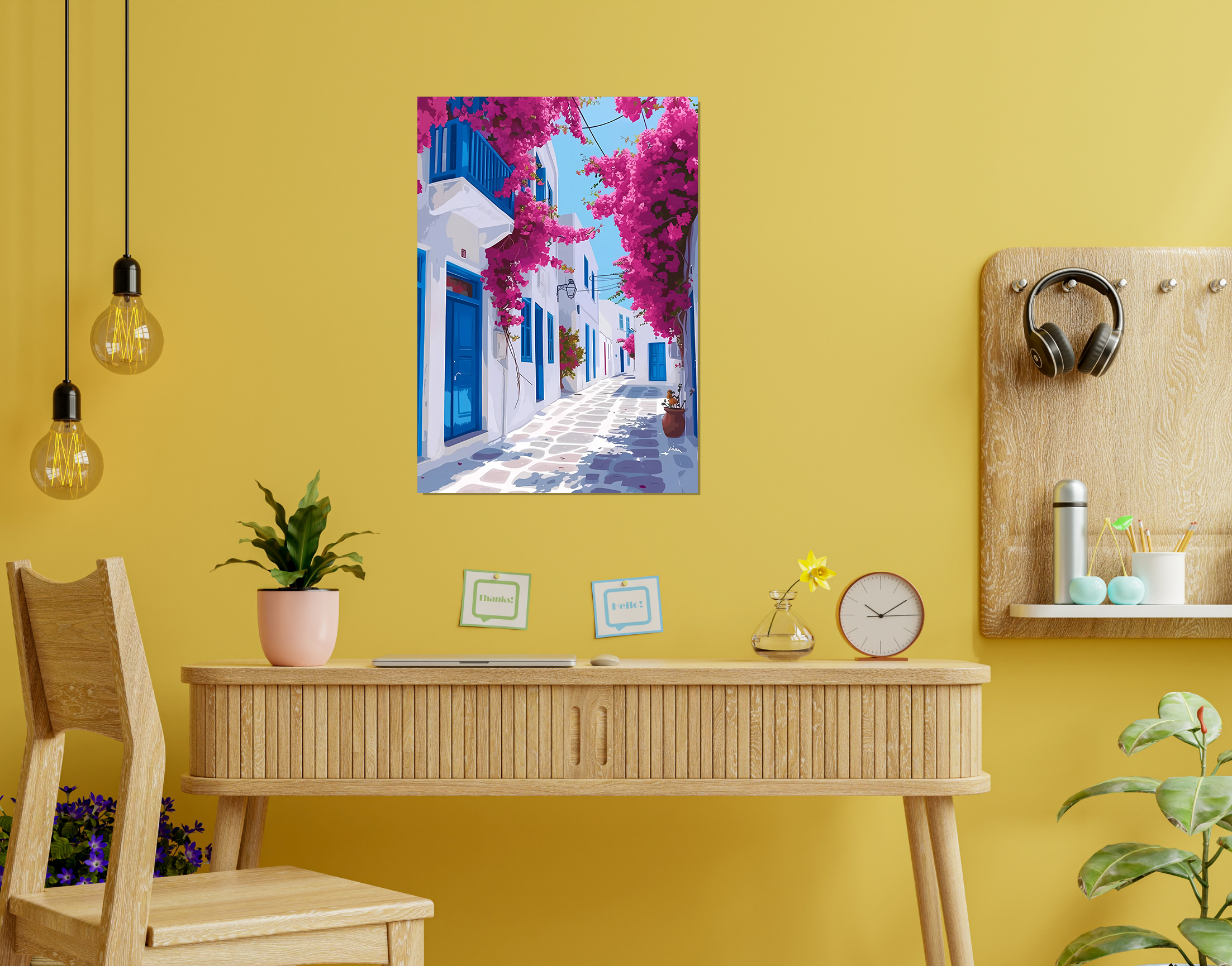 "Oia: Greece Bloom Theme Street"- Shiny & Sturdy Metallic Poster  Art That Pops & Sticks
