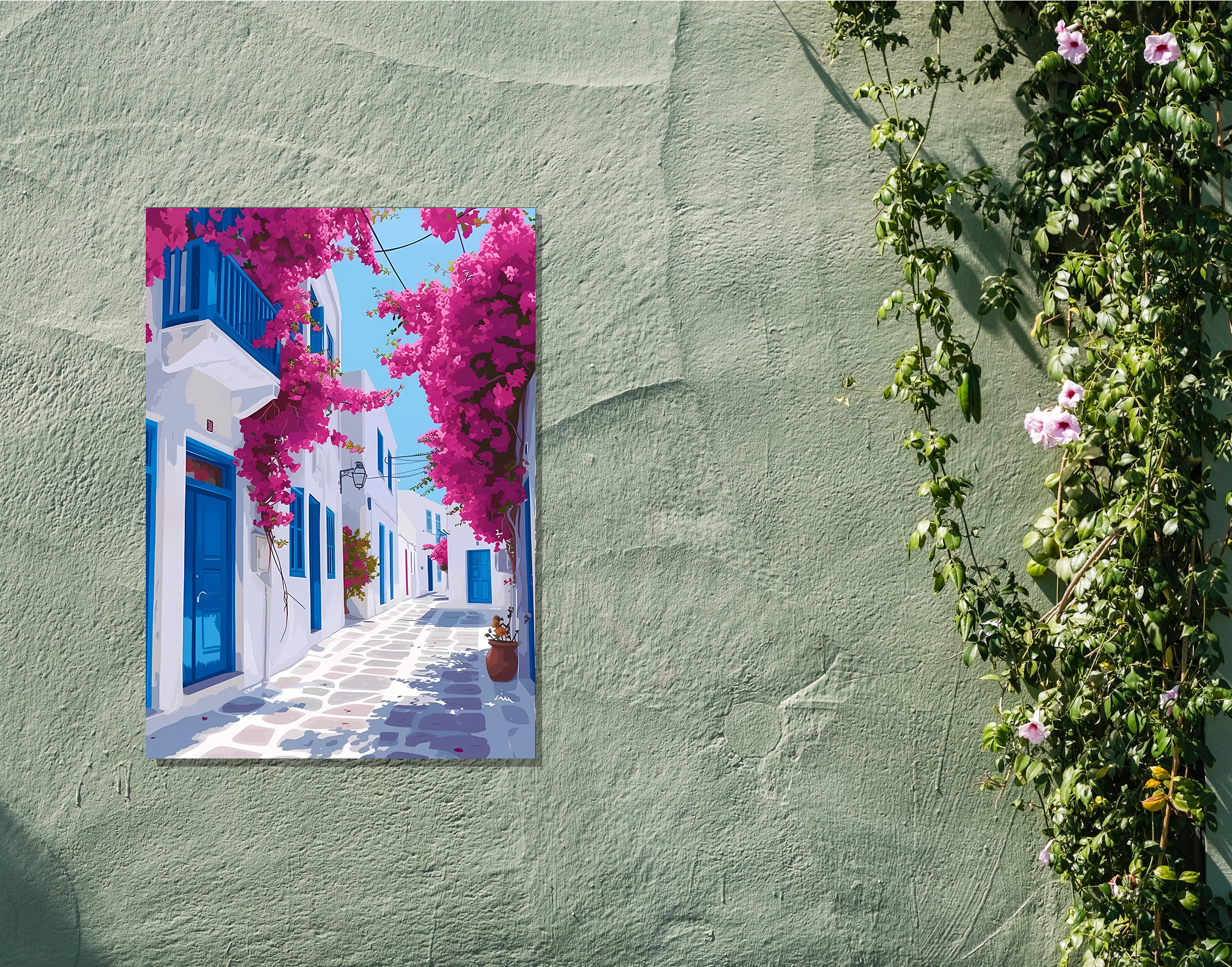 "Oia: Greece Bloom Theme Street"- Shiny & Sturdy Metallic Poster  Art That Pops & Sticks
