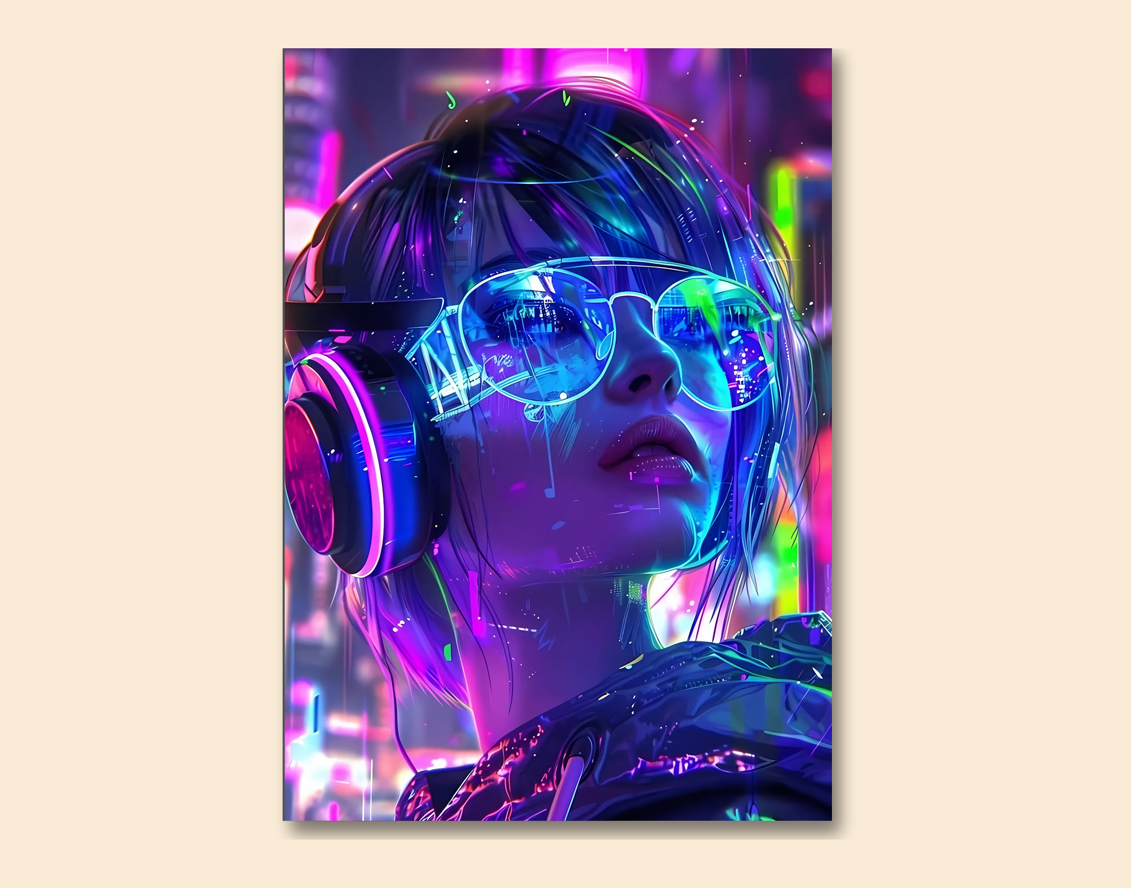 "AI women- Vibrant Techno Look"- Shiny & Sturdy Metallic Poster  Art That Pops & Sticks