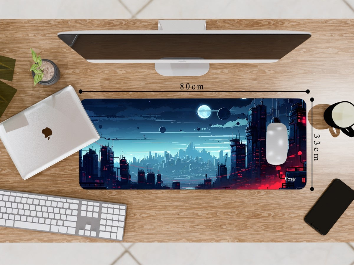 "NEON SCI-FI MEGACITY MOON SKY ART " Gaming Mousepad Elevate Your Gaming Experience