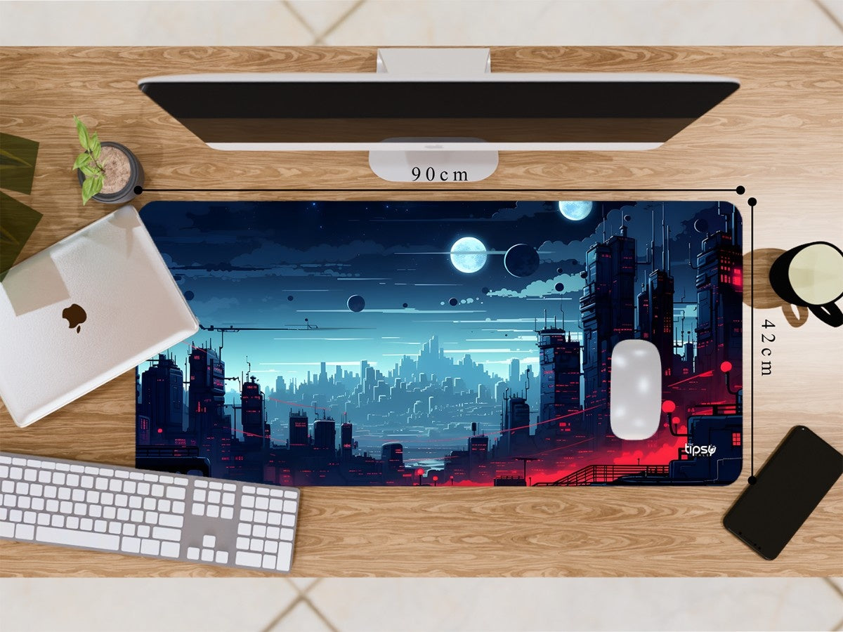 "NEON SCI-FI MEGACITY MOON SKY ART " Gaming Mousepad Elevate Your Gaming Experience