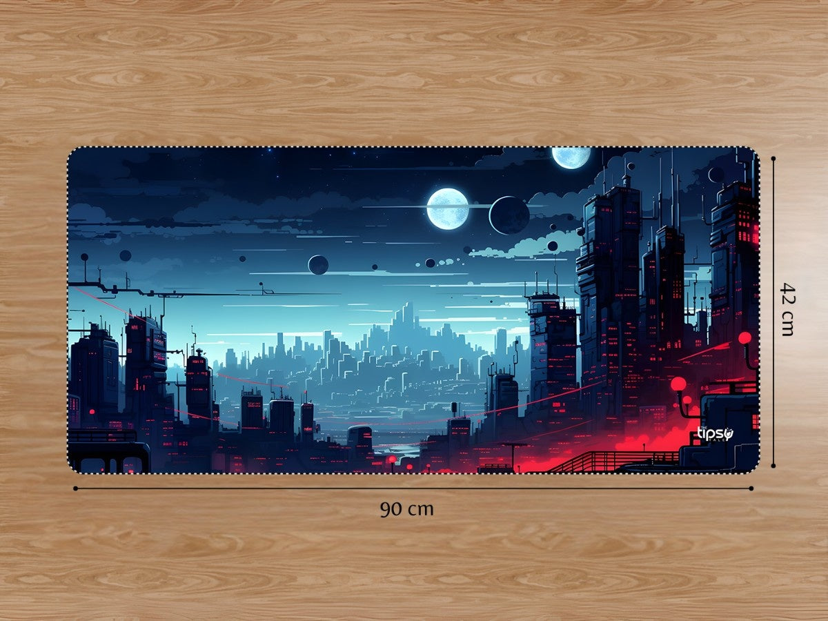 "NEON SCI-FI MEGACITY MOON SKY ART " Gaming Mousepad Elevate Your Gaming Experience