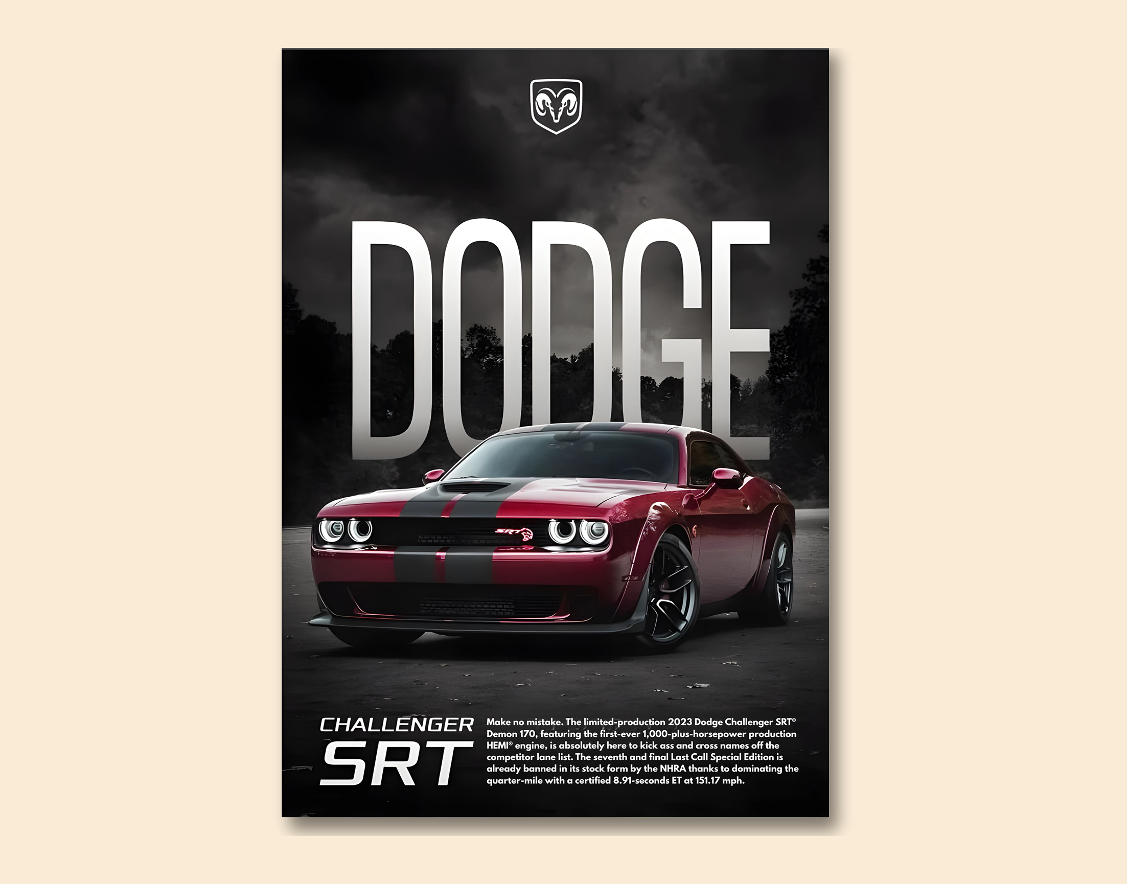 "DODGE CHALLENGER SRT"- Shiny & Sturdy Metallic Poster  Art That Pops & Sticks