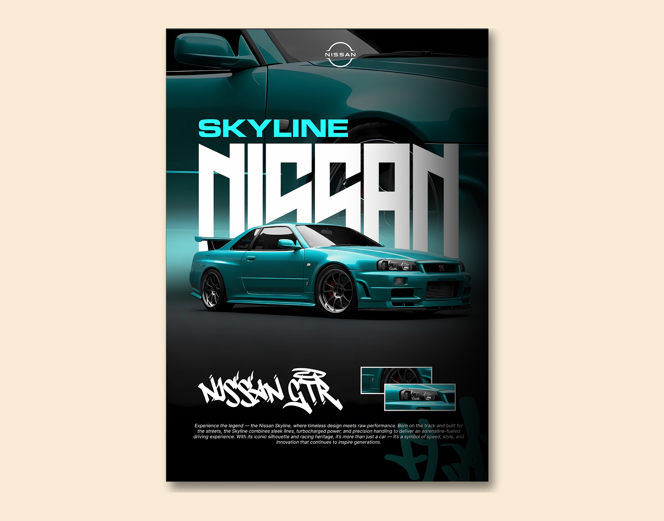 "SKYLINE NISSAN GTR"- Shiny & Sturdy Metallic Poster  Art That Pops & Sticks