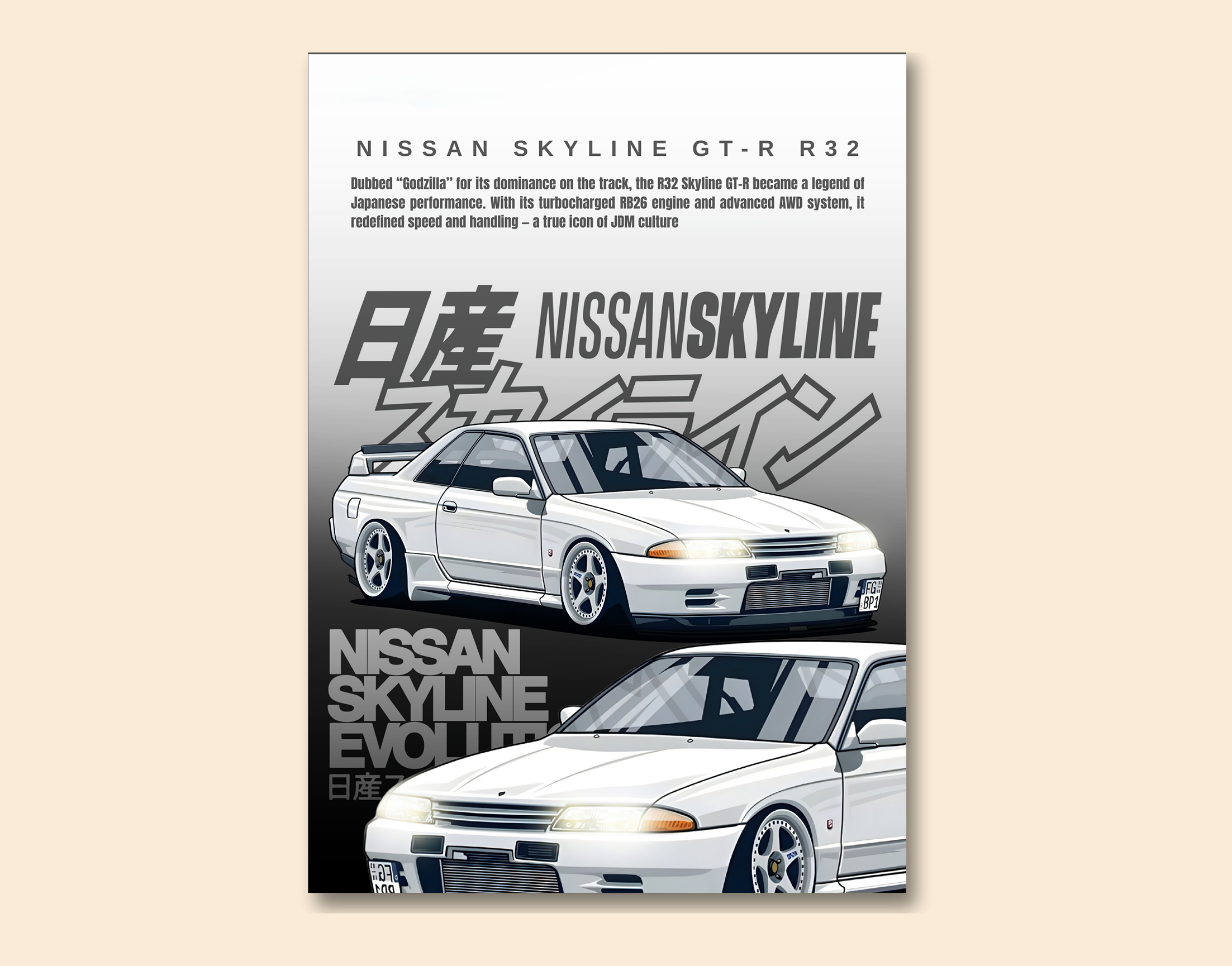 "NISSAN SKYLINE GT-R R32"- Shiny & Sturdy Metallic Poster  Art That Pops & Sticks