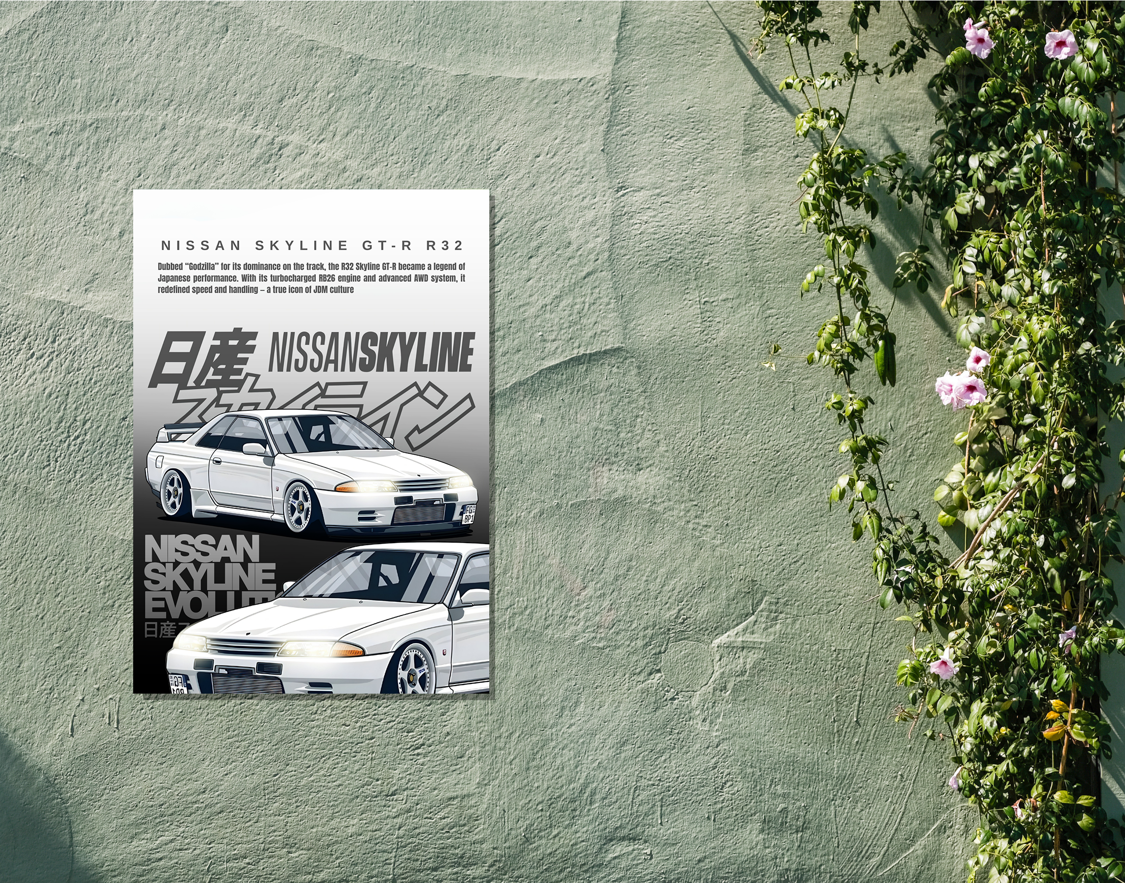 "NISSAN SKYLINE GT-R R32"- Shiny & Sturdy Metallic Poster  Art That Pops & Sticks