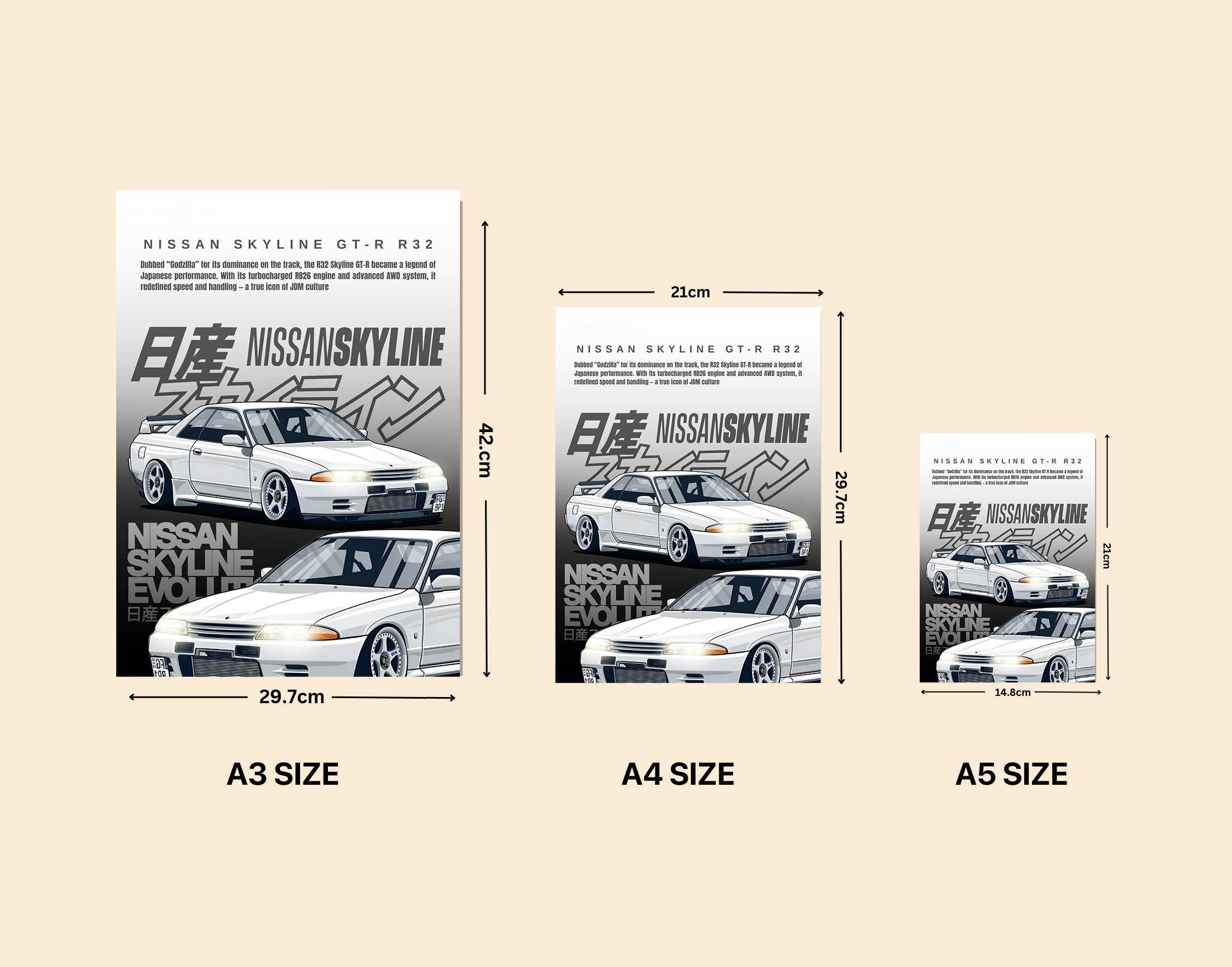 "NISSAN SKYLINE GT-R R32"- Shiny & Sturdy Metallic Poster  Art That Pops & Sticks