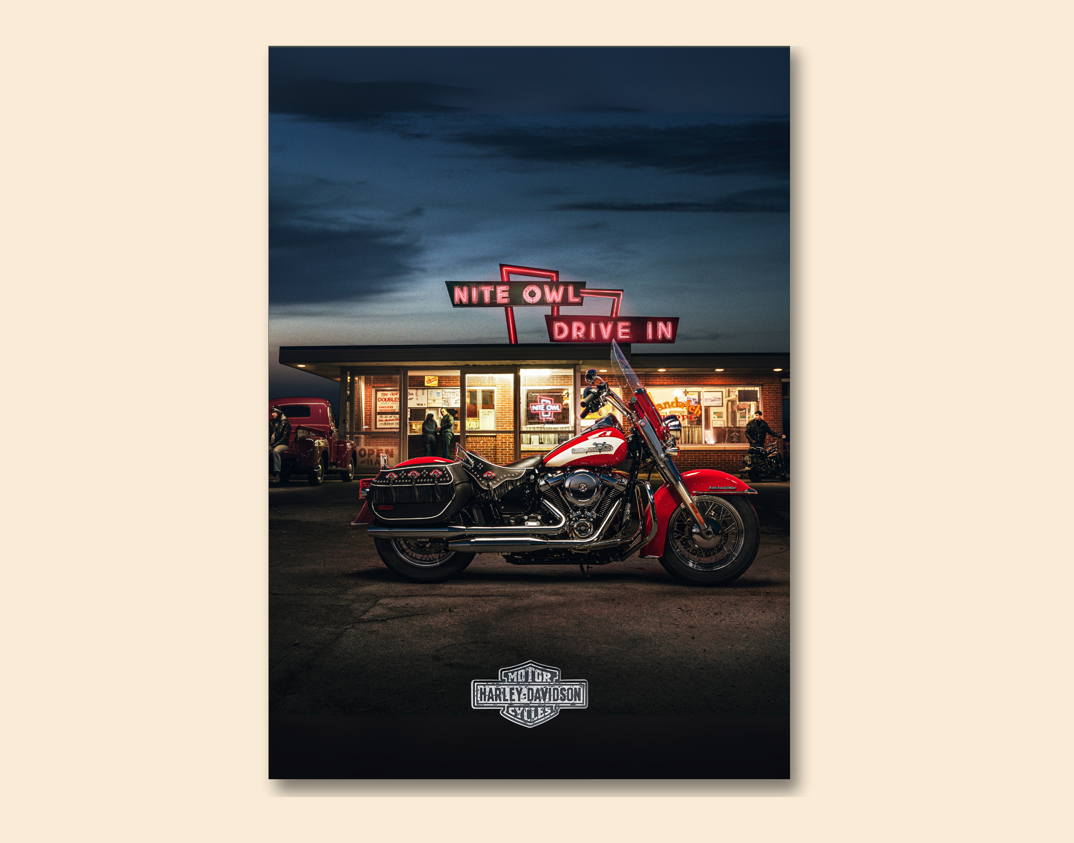 "HARLEY DAVIDSON - DRIVE IN"- Shiny & Sturdy Metallic Poster  Art That Pops & Sticks
