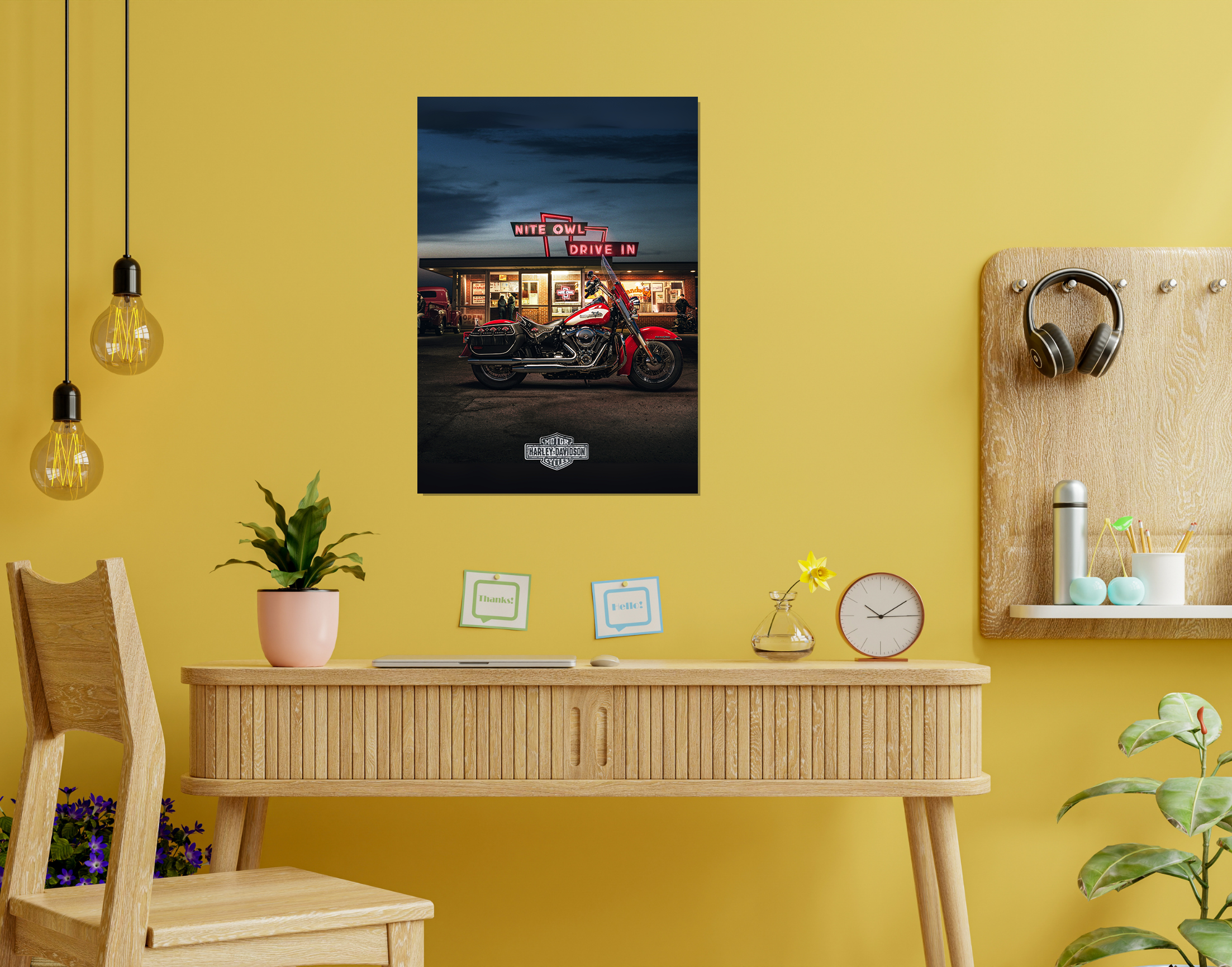 "HARLEY DAVIDSON - DRIVE IN"- Shiny & Sturdy Metallic Poster  Art That Pops & Sticks