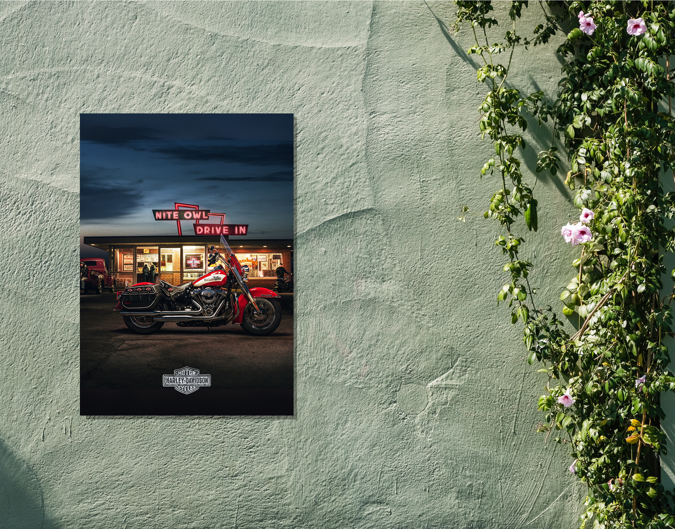 "HARLEY DAVIDSON - DRIVE IN"- Shiny & Sturdy Metallic Poster  Art That Pops & Sticks