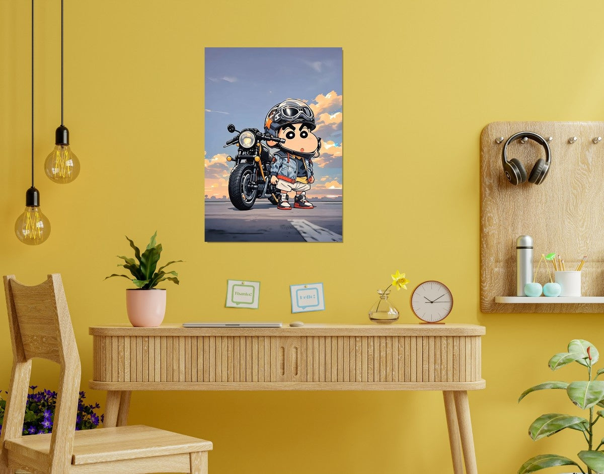 "Shinchan Mini Biker"- Shiny & Sturdy Metallic Poster  Art That Pops & Sticks