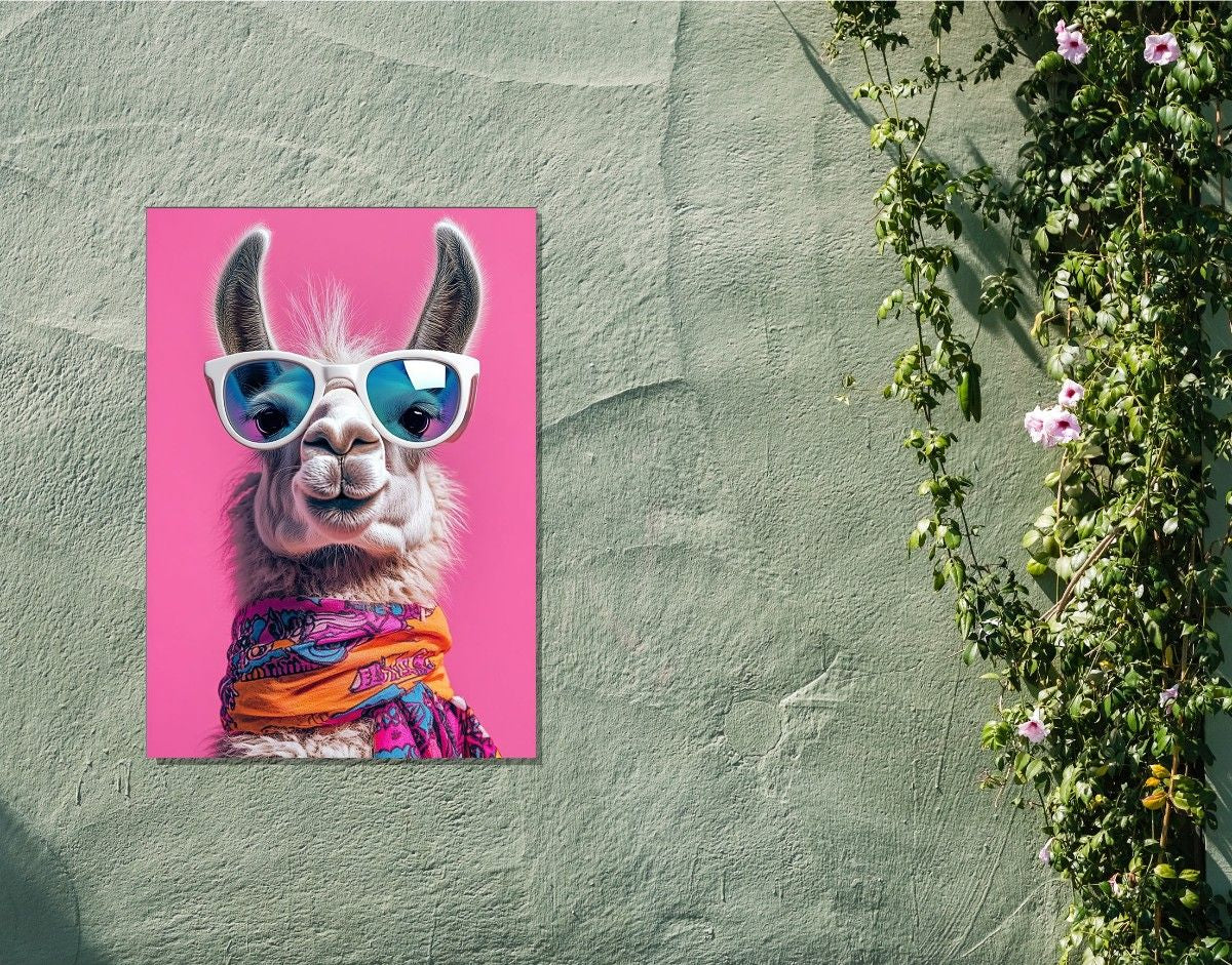 "Cool Llama Vibes"- Shiny & Sturdy Metallic Poster  Art That Pops & Sticks