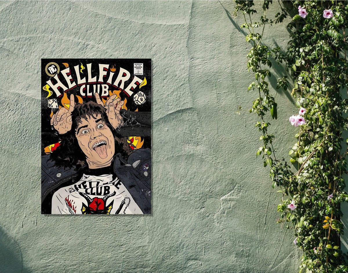 "EDDIE'S HELLFIRE CLUB" -Shiny & Sturdy Metallic Poster Art That Pops & Sticks