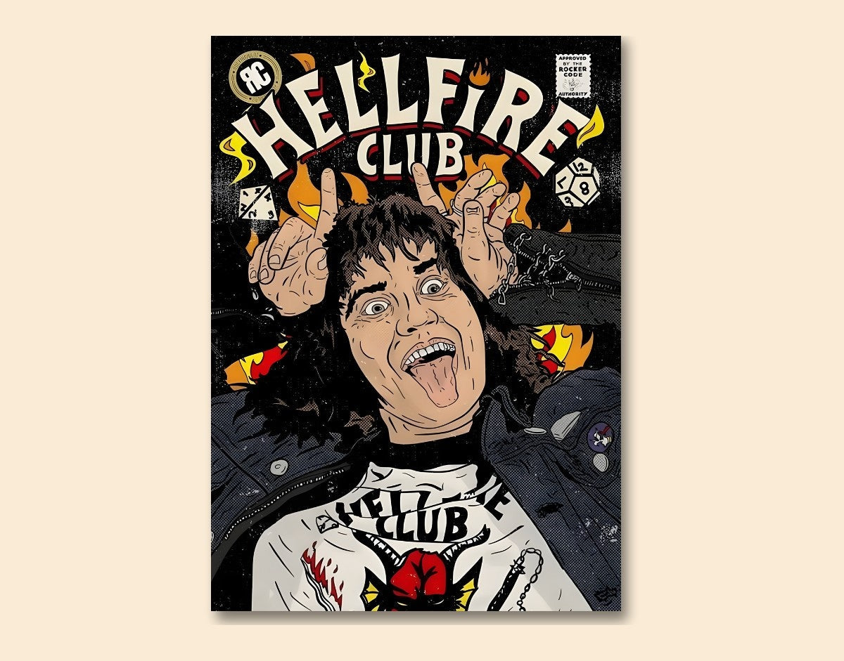 "EDDIE'S HELLFIRE CLUB" -Shiny & Sturdy Metallic Poster Art That Pops & Sticks